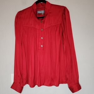 Anthropologie Red Long Sleeve Pop Over Button Pleat Blouse Sz M Relaxed Mockneck